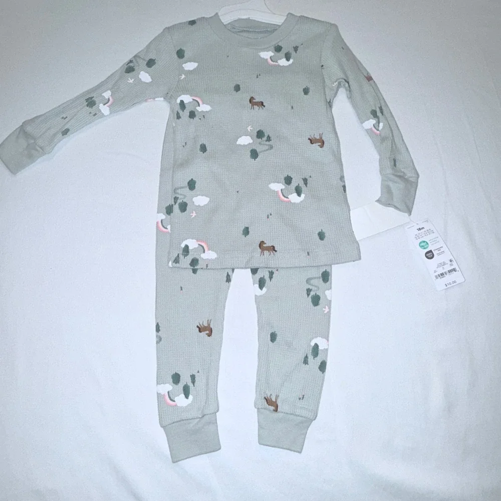 Carter's Pajama Set Kids 18M Green NEW Thermal Waffle Horse Rainbow